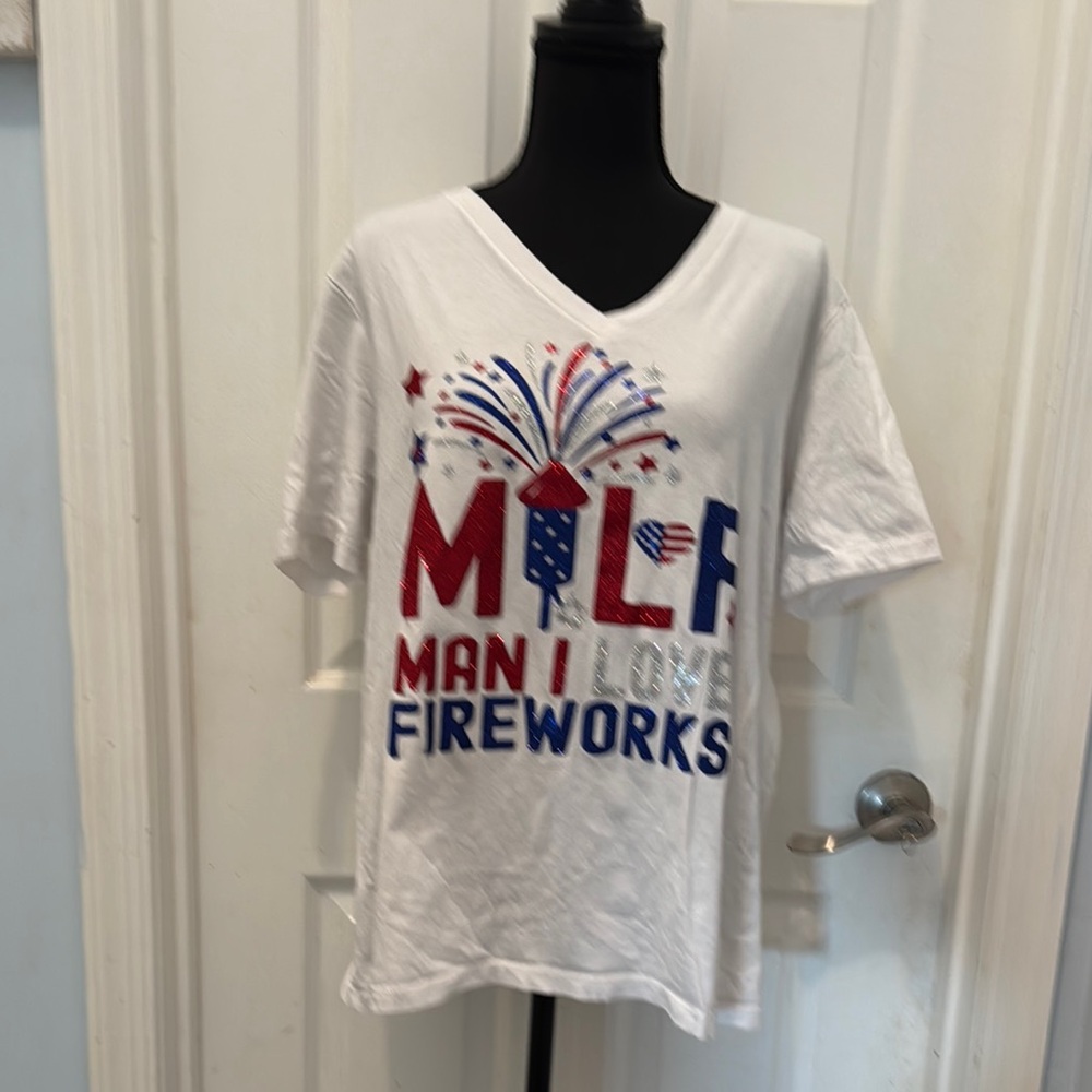 Bella Canvas White Tee with Red and Blue Fireworks Design
